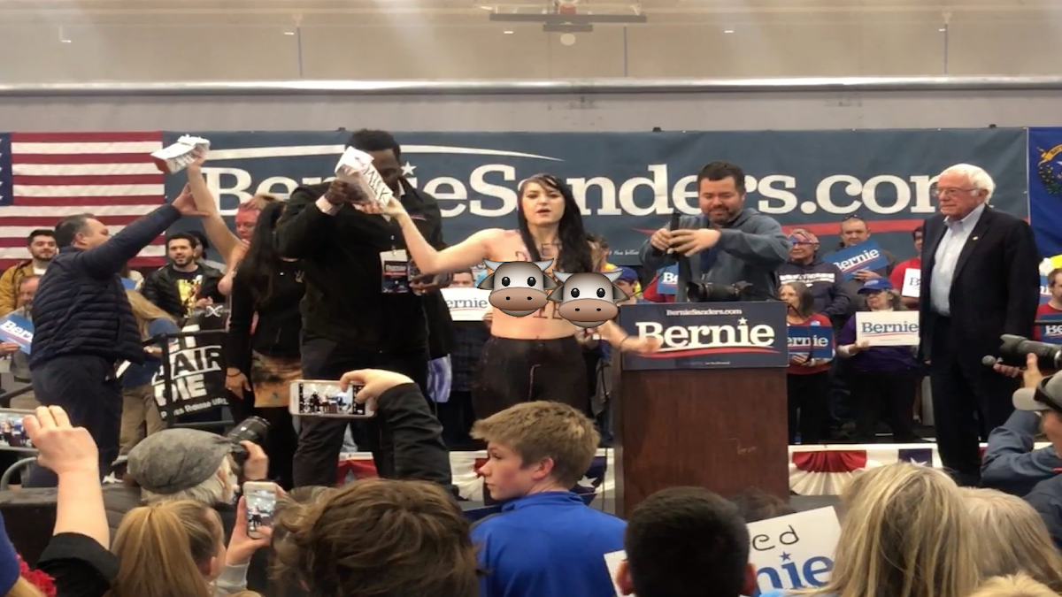 Animal Rights Activists Go Topless With Bernie Sanders Releasing Their Investigation Of Ben & Jerry’s